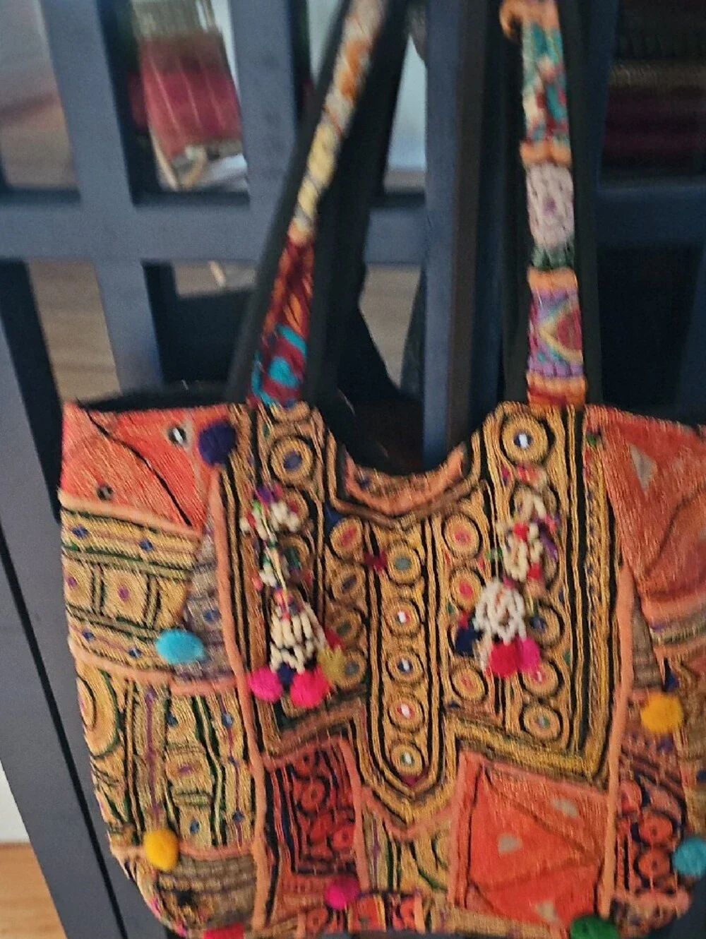Handmade Embroidered Orange Tribal Tote Bag with Pom-Pom Accents
